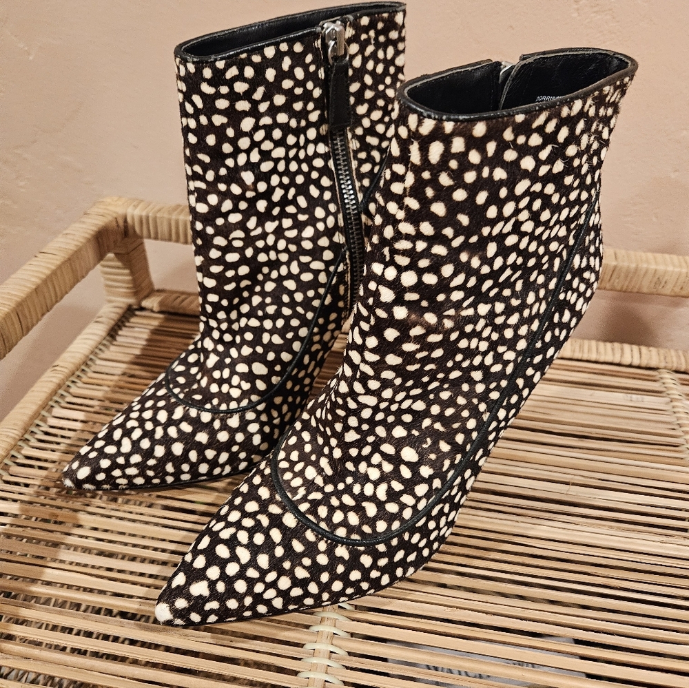 Alice + Olivia Leather Calf Skin Leopard Bootie Heels